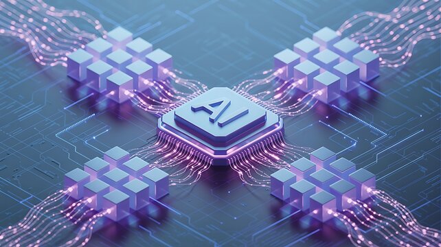 Abstract digital network of interconnected cubes and glowing circuits