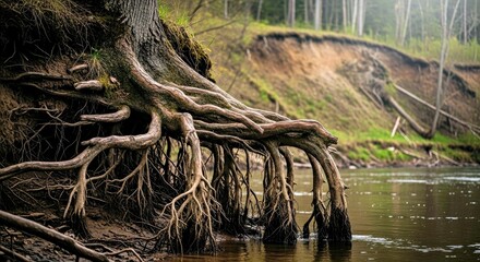 Obraz premium Sturdy Tree Roots Overhanging a Calm River by a Shaded Forested Bank