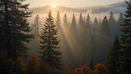 Spruce trees in morning fog with light rays, autumn mountain forest at foggy sunrise landscape scene
