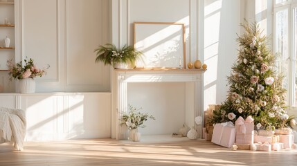 Naklejka premium Cozy living room decorated for Christmas with a tree and gifts in soft light