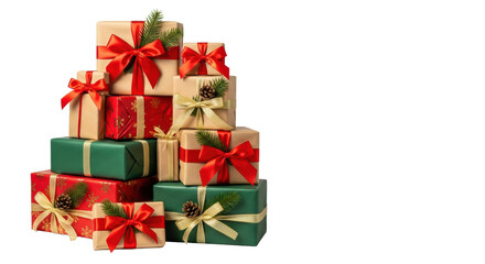 Fototapeta premium A stack of festive christmas gifts wrapped in red, green, and kraft paper, isolated on a white background with copy space. Concept of holiday gift-giving