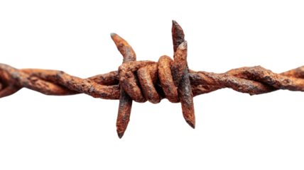 Close-up of old rusty barbed wire isolated on white with a rough, twisted texture