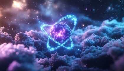 Abstract Luminous Science Atom Model with Clouds in Galaxy Sky. Ai Generated Images