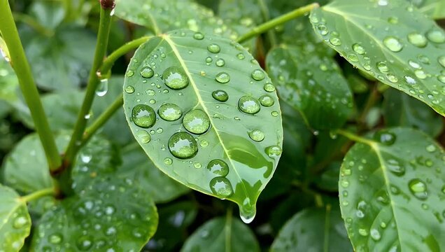 cinematic 4k macro showing thick droplets of water falling on green leaves saturating and swaying the foliage capturing natural motion texture and vibrant colors in high resolution nature footage