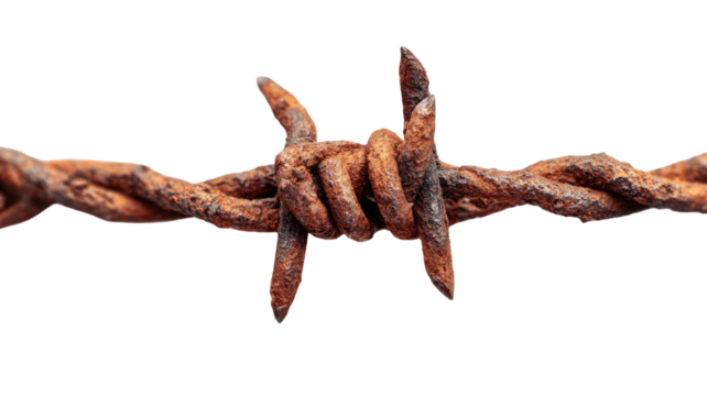 Close-up of old rusty barbed wire isolated on white with a rough, twisted texture