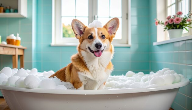 Playful Corgi Enjoying a Luxurious Bubble Bath in a Stylish Bathroom. Ai Generated Images