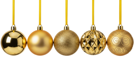 Five golden christmas ornaments with diverse luxurious textures aligned in a row on a transparent background with copy space. Elegant holiday decoration concept