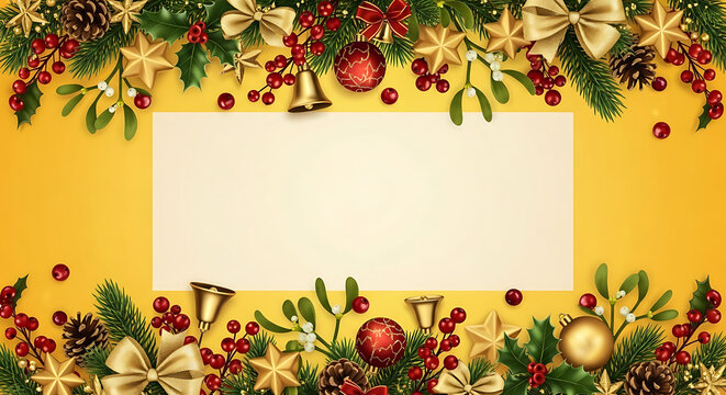 Festive christmas border frame with gold ornament, pine cone, holly berry, bell, and bow decoration on yellow background for greeting card - Powered by Adobe