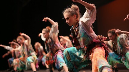 Fototapeta premium Dancers perform vibrant routines in colorful costumes at a lively arts showcase