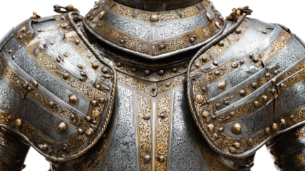 Antique medieval knight armor statue with a metal helmet and ancient gold decoration