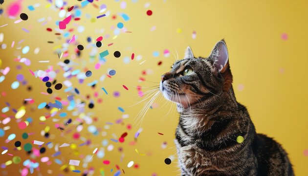 Curious Tabby Cat Looking at Colorful Confetti Against Yellow Background. Ai Generated Images