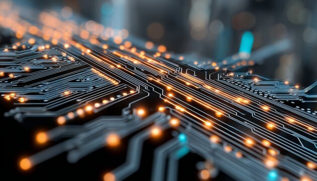 Futuristic Abstract Motherboard with Glowing Optical Cables and Complex Networks in Cyberspace