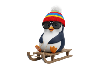 A cute 3d cartoon penguin in a colorful beanie and sunglasses sits on a wooden toboggan sled on a white background with copy space, concept of winter fun and excitement
