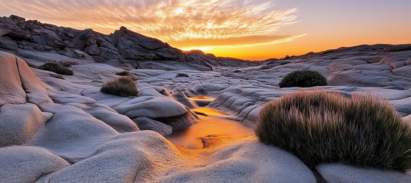 Vibrant Desert Landscape Majestic Rock Formations Bathed in Golden Sunset Light Reflecting Serenity
