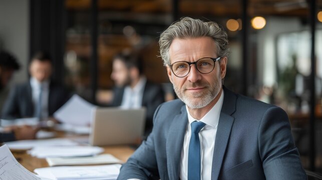Confident grey-haired executive posing in suit while working with colleagues in office