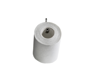 A roll of white paper towels with a metal holder and a central hole, displayed against a transparent background