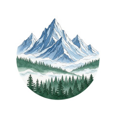 Fototapeta premium Hand-drawn watercolor illustration of blue mountains and a pine forest in a circle on a white background with copy space. Concept of wanderlust and nature travel