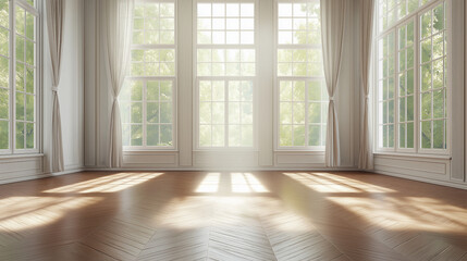 empty spacious room with large windows and wooden parquet, Spacious studio with wooden floor and panoramic windows, generative ai
