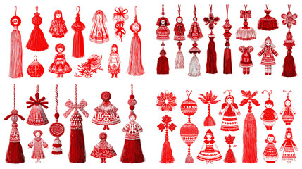 Decorative red folk tassel doll and ornament illustration set with handcrafted motifs and cultural textile shapes. Perfect for festive decor, craft themes and traditional design projects.