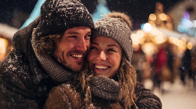 A young happy couple enjoying a cozy winter evening together playing a game while embracing and smiling in a snowy outdoor setting with a blurred festive background. High quality