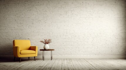 Single yellow upholstered chair and side table placed against a textured white brick wall backdrop
