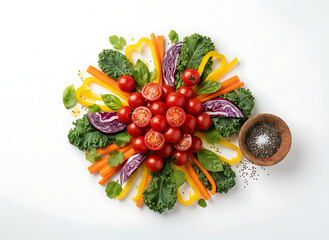 Vibrant top-down arrangement of fresh vegetables including cherry tomatoes, cabbage, peppers, carrots, and herbs on a clean white background.