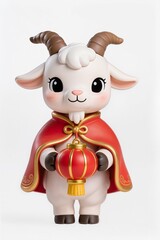 Naklejka premium Cute chibi zodiac goat wearing red New Year cape, holding lantern, calm happy expression, glossy toy figurine style, isolated on pure white background