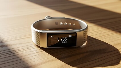Minimal Beige Smart Band with Step Counter on Wooden Surface