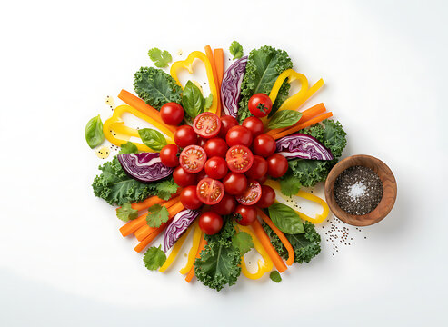 Vibrant top-down arrangement of fresh vegetables including cherry tomatoes, cabbage, peppers, carrots, and herbs on a clean white background.