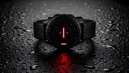 Dramatic Black Tactical Watch with Red Glow in Rain