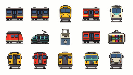 A charming collection of diverse pixel art train and subway car icons, rendered in a classic retro 8-bit style, ideal for games and digital design. © Hernita