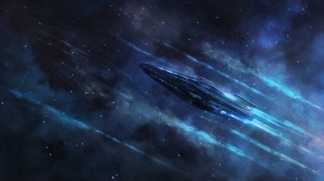 Futuristic spaceship flying through deep space with glowing thrusters