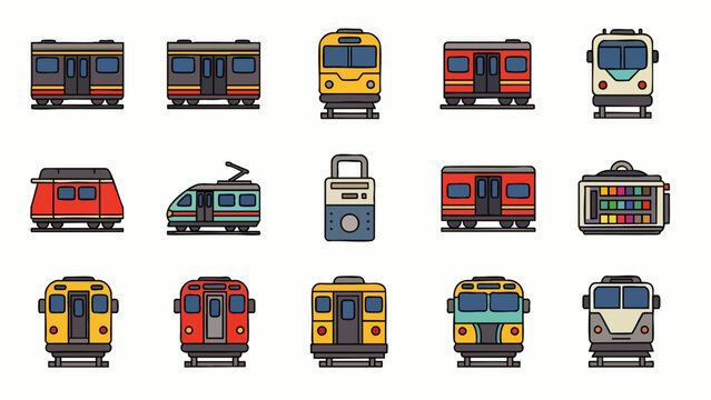 A charming collection of diverse pixel art train and subway car icons, rendered in a classic retro 8-bit style, ideal for games and digital design.