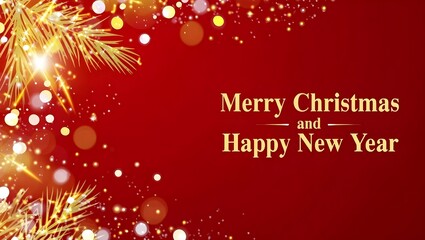 Sparkling golden christmas tree branches with festive lights on a deep red background