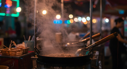 Steaming wok cooking at a vibrant night market food stall with warm bokeh lights
