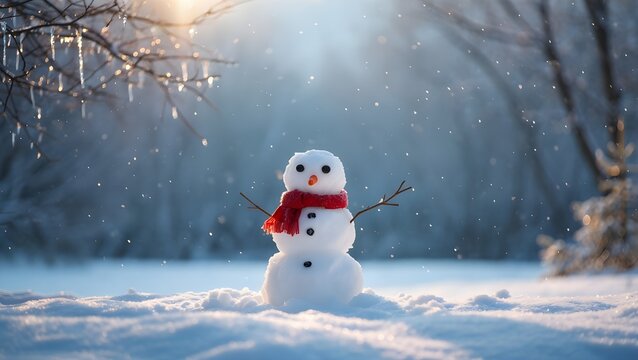 Charming snowman with red scarf stands alone in a snowy winter wonderland forest - Powered by Adobe