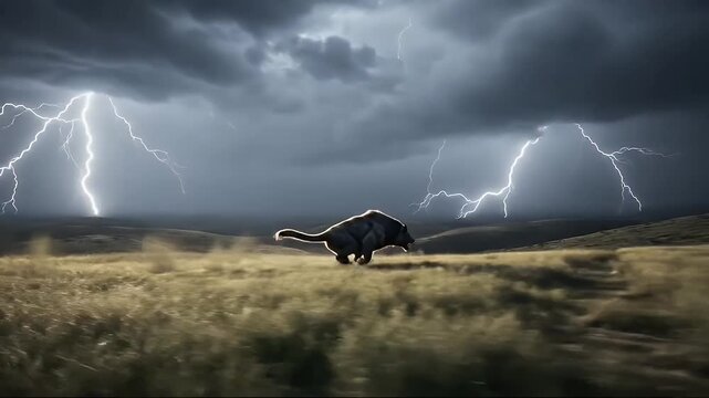 Powerful two headed mythical creature with glowing red eyes in a stormy landscape