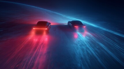 Two fast cars speeding with glowing light trails in a dark, atmospheric future landscape