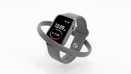 Minimal Gray Wearable Smartwatch Showing 10:09 and Health Stats