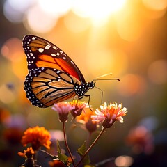 Monarch Butterfly Sipping Nectar from Delicate Flowers in Golden Light.