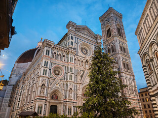 View of facade of the Florence Cathedral, a beautiful religious building at night, Tuscany, Italy