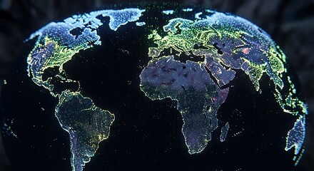 Illuminated earth at night showing global city lights and continents
