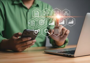 Business person interacting with digital data analysis interface on phone