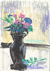 Impressionistic Marker Drawing of Floral Still Life with Black Pottery