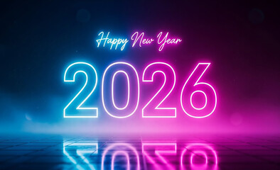 Pink and purple neon light vector illustration for a happy new year 2026 holiday celebration greeting card design and sale sign