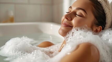 Young woman in bright hat enjoying a relaxing bubble bath in a serene home spa environment