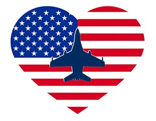 Patriotic Heart with American Flag and Fighter Jet Silhouette.