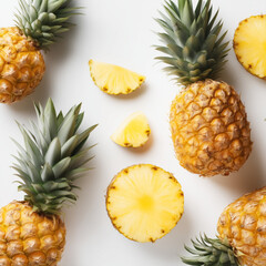 AI-generated image - Top view of fresh whole and sliced pineapples on a white background. 