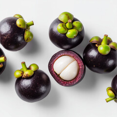 AI-generated image -  Fresh whole and halved mangosteens isolated on a white background.