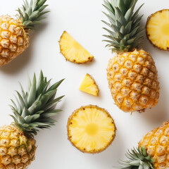 AI-generated image - Top view of fresh whole and sliced pineapples on a white background. 